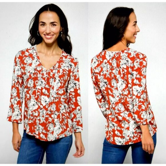 Maley Womens SMALL‎ Top Pleated Detail V Neck Floral Shirt 3/4 Sleeve Rust White - Picture 1 of 12